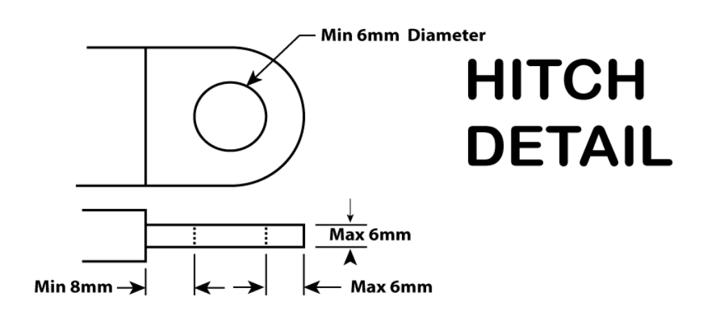 Hitch details for the TPM competition. The hitch has a 6mm diameter hole in it and the metal around it is max 6mm thick. The hitch itself has a max 6cm thickness. The hitch needs to be a minimum of 8mm above the ground.