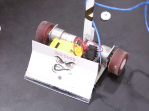A sumo robot, that has an angry face and name printed on it's front plate. It's called Big Guss.